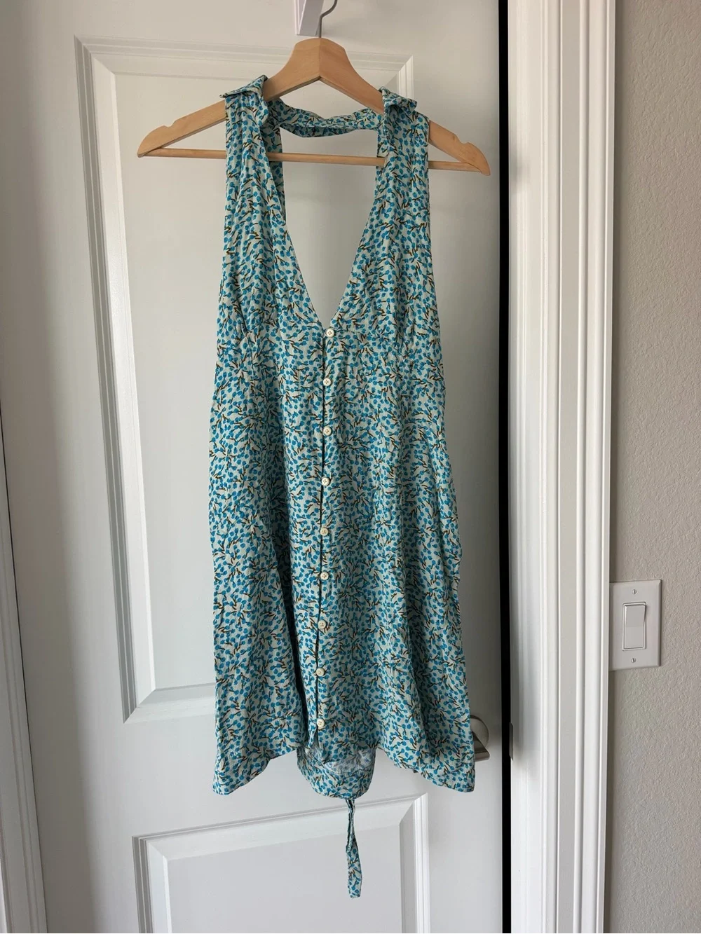 Free People Cest La Vie Blue Floral Backless Halter Mini Dress